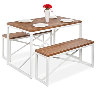 Best Choice Products 45.5in 3-Piece Bench Style Dining Furniture Set, 4-Person Space-Saving Dinette for Kitchen, Dining Room w/ 2 Benches, Table - Brown/White
