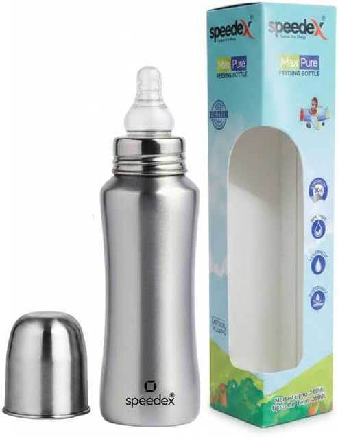 SPEEDEX Stainless Steel Baby Feeding Bottle 240 ml with Pink Silicone Grip & Internal ML Marking | BPA & Plastic Free | Anti-Colic Silicone Nipple | 304 Grade Steel Infant Milk Bottle | Leak Resistant (Silver, 240ml)