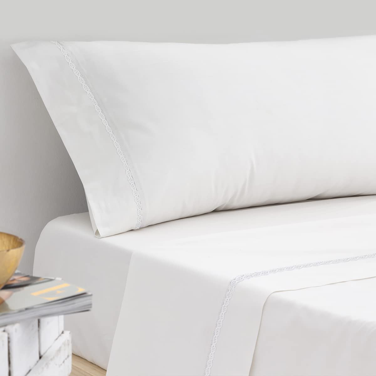 Juego DE SÁBANAS ANTILO Nancy Blanco 100% algodón Peinado percal 200 Hilos TC mercerizados (Cama 150/160 cm.)