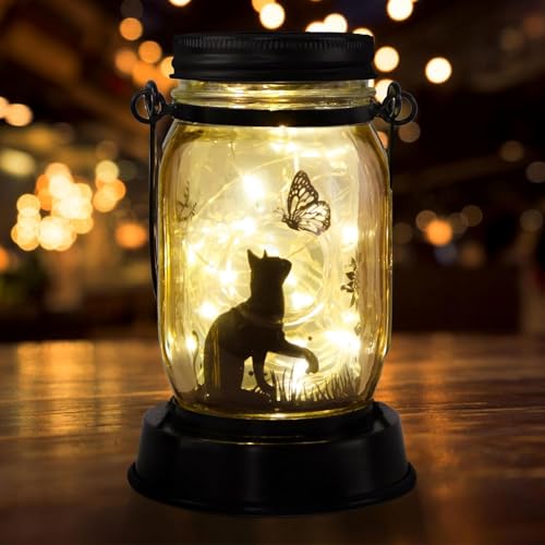 Lampes Solaires Chat - Cadeaux pour Amoureux des Chats - Lanternes Suspendues avec Piquet pour Jardin - Décor Extérieur - Lanterne Chat Noir - Torches