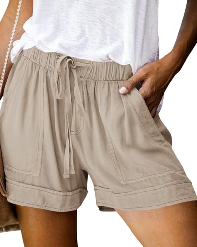 Summer Drawstring Shorts for Women 2025 Casual Elastic Waist Lightweight Beach Shorts Lounge Short Pants Pockets(1-Khaki,XX-Large)