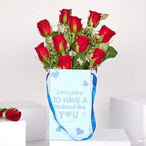 FlowerAura Premium Fresh Live Flower Bouquet of 10 Red Roses In FA Love Box Gift For Birthday | Anniversary | Romantic Surprise | Rose Day | Valentine’s Day (Same Day Delivery)