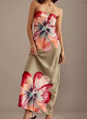 Image of Women Floral Strapless Maxi Dress Y2K Bodycon Tube Long Dresses Sexy Party Formal Cocktail Beach Slit Dress