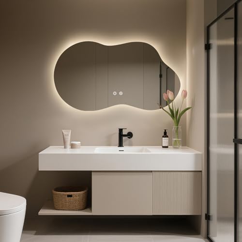 Image of WallBeyond 36 inchx20 inch Irregular LED Vanity Mirror with Backlight, Asymmetrical Bathroom Mirror with Lights for Makeup or Modern Sink Area, Anti-Fog & Dimmable, Horizontal /Vertical Mount