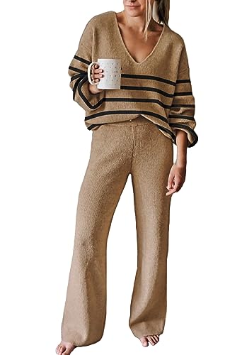 Image of Viottiset Women's 2 Piece Outfits Casual V Neck Knit Wide Leg Sweater Lounge Set Sweatsuit