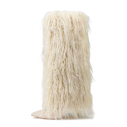 Fur Knee High Boots for Women Sexy Faux Fur Heel Boots Fold Over Pointed Toe Beige Suede Fall Boots for Party Evening Fashion Shows