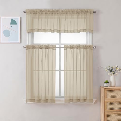 Image of Chyhomenyc Taupe Sheer Valances for Windows - Light Filtering Small Kitchen Curtains, Rod Pocket Short Top Window Treatment Decor for Living Room Bathroom Basement, 42Wx16L inches, 2 Panels