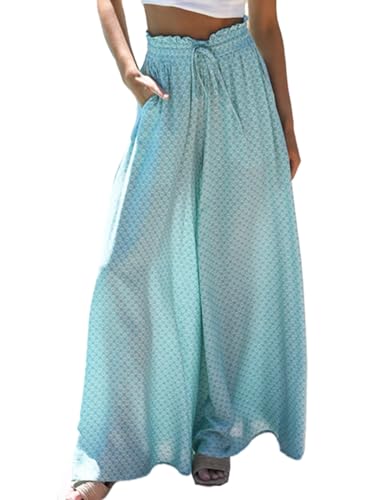 Womens Casual Wide Leg Pants Ruffle Elastic Drawstring Beach Palazzo Loose Pants Comfy Trousers with Pockets