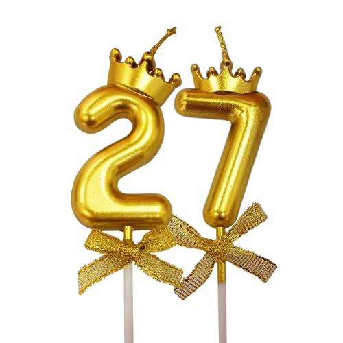 Image of 2 Pc 27 Number Candle for Birthday Cake Metallic Gold Number Candle with Crown on Top for Anniversary Cake Topper 27th Birthday Cake Decoration (Pack of 2, Gold).