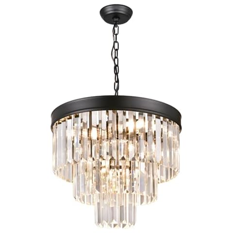 Zevluck Black Crystal Chandeliers for Dining Room, 3-Tiers Modern Chandelier Light with Chain, 15.5'' Foyer Crystal Chandeliers, Black Chandelier for Kitchen, Living Room, Dining Room Cover
