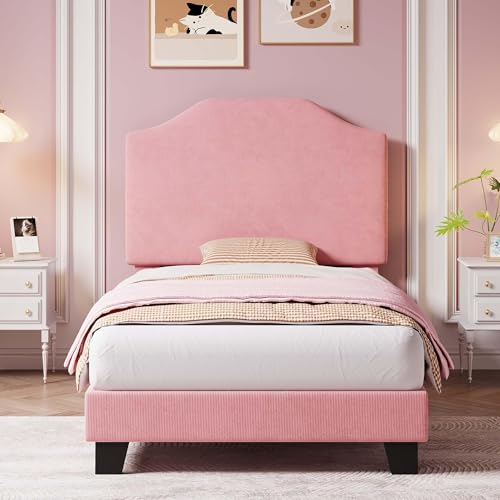 GarveeTech Twin Size Velvet Bed Frame, with Adjustable Headboard, Soft Corduroy Upholstered Twin Bed Frame Platform, Durable Wooden Slats and Noise Fr
