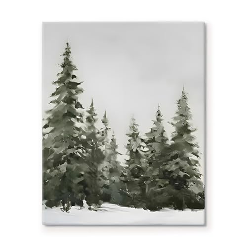 Snowy Evergreen Forest Canvas Print, Vintage Christmas Wall Art for