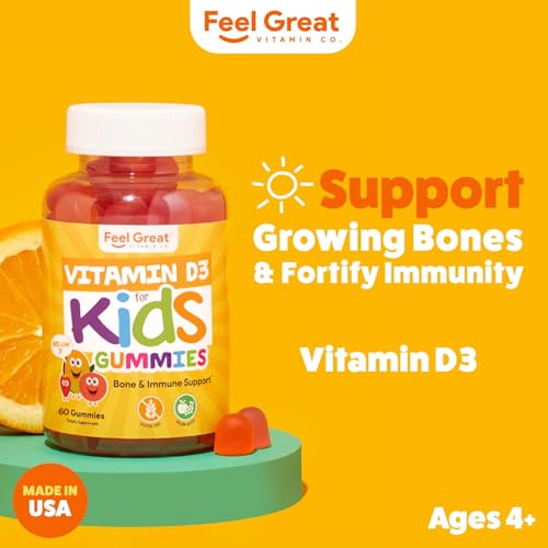 Image of Vitamin D3 + K2 1000IU Gummy Vitamins for Kids (60 Day Supply) by Feel Great Vitamin Co | 60 Gummies | Delicious Plant Based Gummies | Supports Healthy Bones, Teeth, Mood, Immune System*