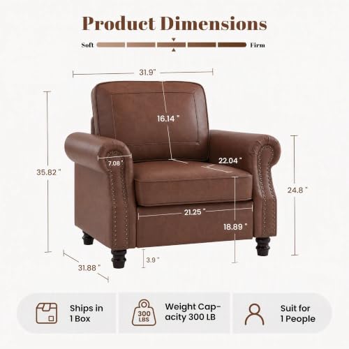 Image of Kingfun Faux Leather Accent Chair with Rolled Arms,Rust