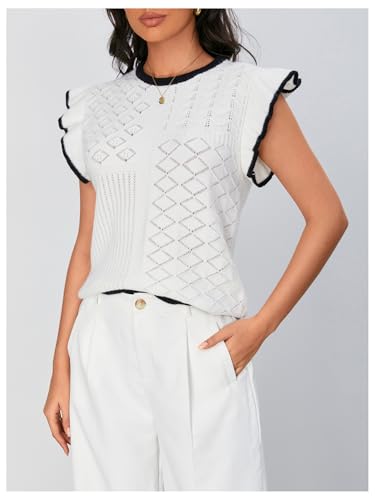 Image of MakeMeChic Women's Contrast Binding Ruffle Sleeve Vest Crew Neck Knit Sweater Pullovers Black and White Medium