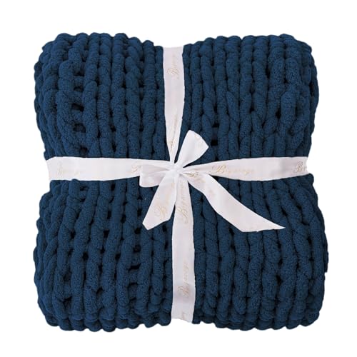 Bigacogo Chunky Knit Throw Blanket for Couch, 40x40 inches, 100% Hand Knitted with Thick Jumbo Chenille Yarn, Cozy Soft Large Rope Knot Cable Crochet Blankets for Sofa Bed Living Room, Navy Blue