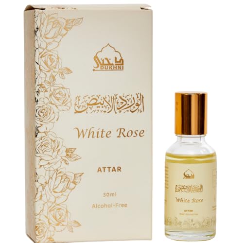 White Rose Attar Oil by Dukhni | Arabic perfume oils for men and women | 30ml Pure roll on perfume, Long lasting alcohol free scent | Eid, Ramadan, Umrah Gifts, Vegan Islamic Fragrances