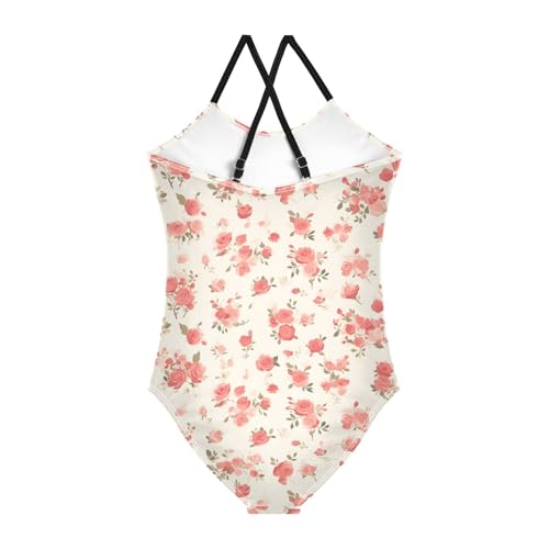 KLL Seamless Pattern Red Roses Girls' 1 Piece Bathing Suit Beach Swimwear Adjustable Strap Cute2