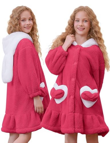 Girls Bathrobes Coral Fleece Button Down Hooded Robes Cute Rabbit Ears Bath Robe Fuzzy Warm Soft Sleepwear, 8-9Y