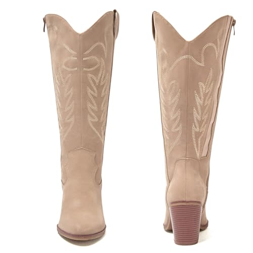 Luoika Women's Extra Wide Calf Cowboy Knee High Boots，Wide Width Cowgirl Boots Chunky Pump Heel Plus Size Western Tall Boots.4