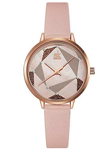 Damen-Armbanduhr Quarz Rose-Gold mit Lederarmband pink Perlmutt-Zifferblatt Strass-Steinen Ultra-flach Slim-Uhr