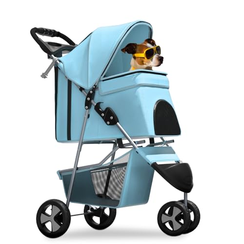 Magshion 3-Wheel Pet Stroller, Foldable Travel Jogger for Small & Medium Dogs & Cats (Up to 33lbs), Lightweight Carrier with Breathable Mesh Cover, Cup Holder & Storage Basket, Mint Green