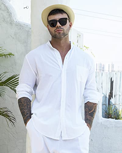 RPOVIG Linen Shirt Sets Outfits:Men's 2 Pieces Henley Shirts Long Sleeve Loose Yoga Pants Beach Clothing4