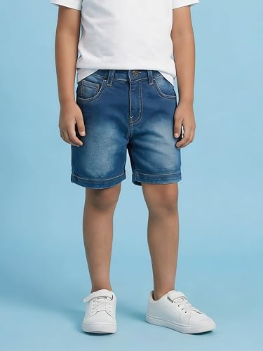 Image of KiddoPanti Boys Knee-Length Denim Shorts | Stretchable Cotton Poly Denim | Comfortable Fit with Button Elasticated Waistband & Zip Fly