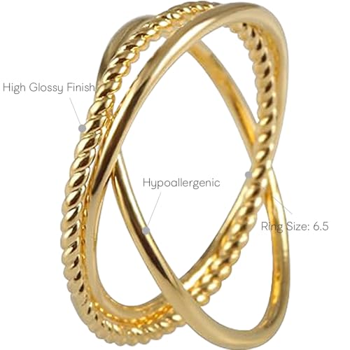 MUSTHAVE 18K Gold Plated Eternity Band for Women, Criss Cross Ring, Simple Ring, Wave ring, Lightweight, Yellow Color, Fashion Jewelry2
