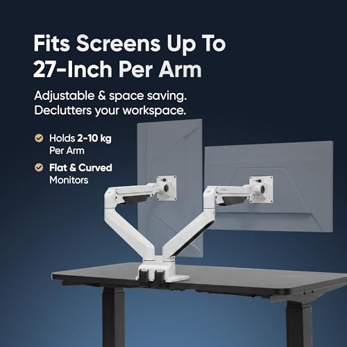 Image of Frido ErgoLuxe Dual Monitor Arm Desk Mount, Height Adjustable Gas Spring VESA Monitor Stand with Independent Tilt, Swivel & Rotation, Supports Two 17-27 Inch Monitors, Heavy Duty Steel | 2-10kg, White