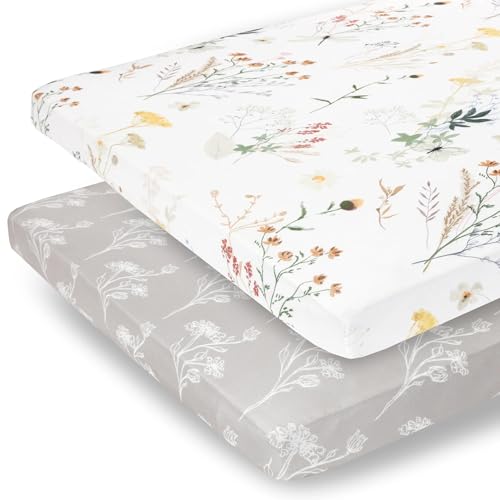 Image of Pobibaby - 2 Pack Premium Pack N Play Sheets Fitted for Standard Pack and Plays and Mini Cribs - Ultra-Soft Jersey Knit, Stylish Floral Pattern, Safe and Snug for Baby (Wildflower)
