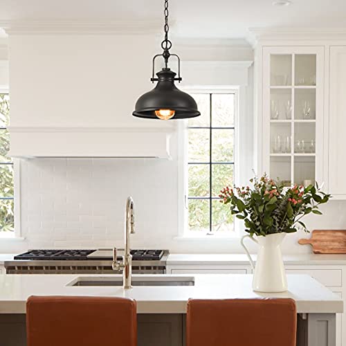 Gzbtech Industrial Dome Pendant Light, 1-Light Metal Chain Adjustable Farmhouse Hanging Light, 50.5 Inches Vintage Rustic Lighting Fixture With Polished Black Finish For Kitchen Dinning Room Barn #TOP5