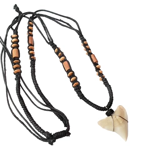 Genuine Mako Shark Tooth Necklace, Black Shark Tooth with Wooden Beads, Adjustable 16-32 Inch Waxed Cord, Unisex Adult, Men, Women, Surfer, Nautical, Beach, Holiday, Summer