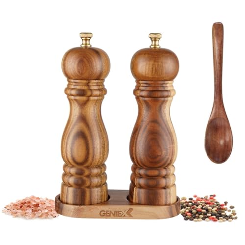 QUEEN Acacia Salt Pepper Grinders Refillable Set, Acacia Wood Salt and Pepper Set, Easy Refillable Manual Wooden Salt Pepper Grinder with Tray 2pcs, Perfect Housewarming Gifts New Home