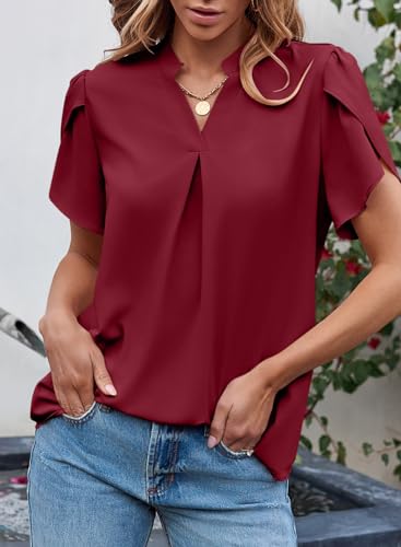 EVALESS Women's Dressy Casual Business Work Chiffon Blouses Tops Summer V Neck Cute Loose Petal Short Sleeve T-Shirts3