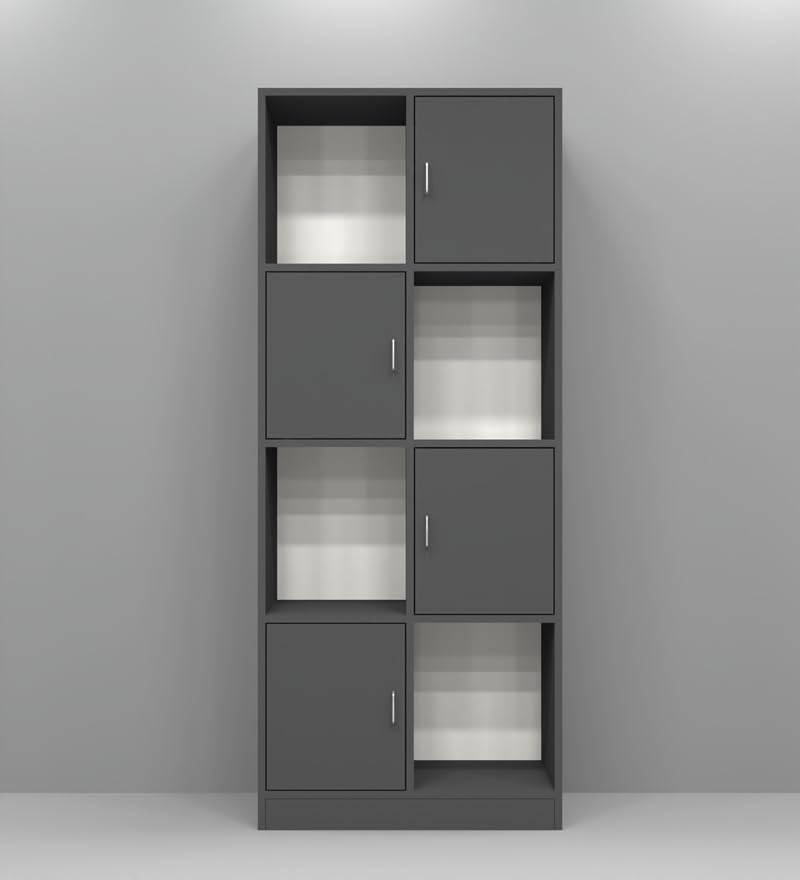 Image of SPECIALITY PANELS 8 Cube Bookshelf with 4 Shutters, Grey, 73x35x176 cm, Free Standing Storage Unit with Carpenter Assembly