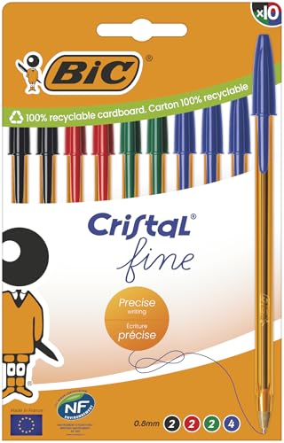 BIC Cristal Original Fine Bolígrafo Punta Fina (0,8 mm) con cuerpo naranja translúcido - Colores de tinta surtidos, caja de cartón de 10