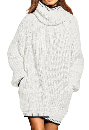 Pink Queen Plus Size Fall Sweater Dress for Women Date Night Long Sleeve High Neck Loose Fit Shift Mini Dress Outfits with Pockets White 2XL
