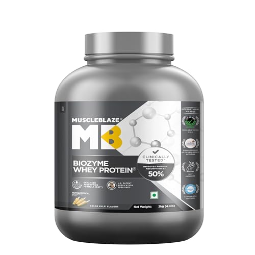 Image of MuscleBlaze Biozyme Whey Protein Powder, Blend of Whey Isolate & Concentrate | 25g Protein, 11.8g EAA & 5.5g BCAA Per Scoop (Kesar Kulfi, 2kg / 4.4lbs)