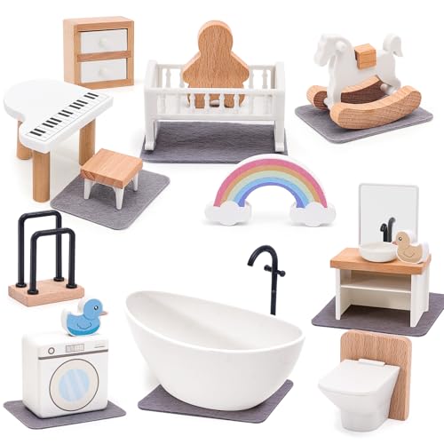 HAPGFS Wooden Dollhouse Furniture Set Elegant Kid’s Room & Bathroom Doll House Accessories, Premium Wood Toys for 3-6 Year Olds, Dollhouse Decor Set...
