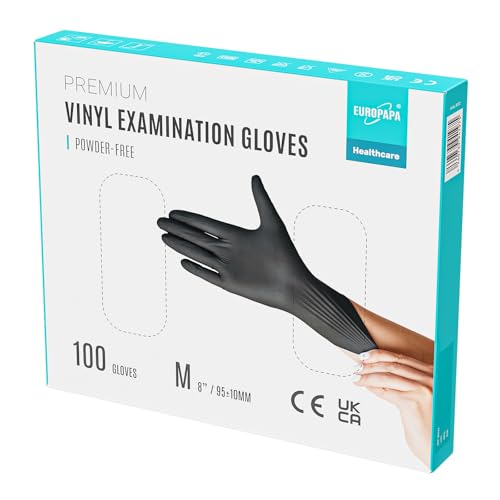 EUROPAPA® - Lot de 100 gants jetables en vinyle sans latex et non poudrés - Taille S, M, L et XL (Noir, M)