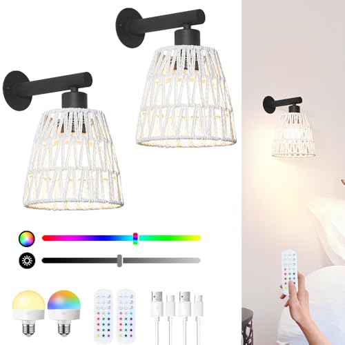 Image of Boho Battery Operated Wall Sconce Set of 2, White Rattan Rechargeable Wall Lights with Dimmable Bulbs and Remote,15 Colors Wireless Wall Lamps for Bedroom Living Room Hallway Decor