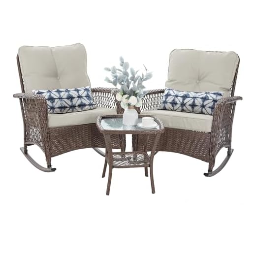 Patio Furniture Set 3 Pieces, Wicker Outdoor Rocking Bistro Set, Pale White