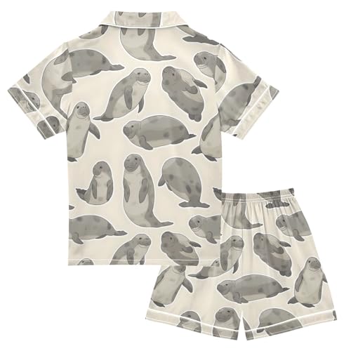 ALAZA Manatee Cartoon Satin Pajamas Set Short Sleeve Button Down Sleepwear Summer Pjs 2 Piece2