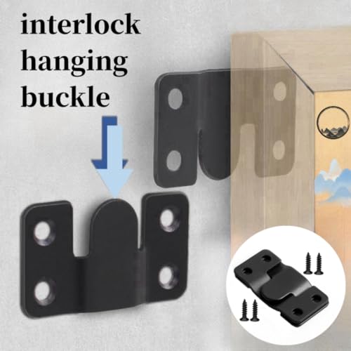 Image of 4 Pairs Interlocking Flush Mount Bracket Picture Hanging Hooks Stainless Steel Heavy Duty Photo Frame Hook Large Picture Hanger Buckle Furniture Connector Headboard Wall Mounting Hardware（Black）