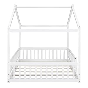 Merax Full Size Wooden House Bed with Fence, Wood Bed Frame with Roof and Safety Guardrail for Kids, Teens, Boys or Girls, 57" L x 62.9" W x 79.5" H, White Merax Full Size Wooden House Bed with Fence Wood Bed Frame with Roof and Safety Guardrail for Kids Teens Boys or Girls 57 L x 629 W x 795 H White