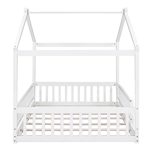 Merax-Full-Size-Wooden-House-Bed-with-Fence-Wood-Bed-Frame-with-Roof-and-Safety-Guardrail-for-Kids-Teens-Boys-or-Girls-57-L-x-629-W-x-795-H-White Merax Full Size Wooden House Bed with Fence Wood Bed Frame with Roof and Safety Guardrail for Kids Teens Boys or Girls 57 L x 629 W x 795 H White
