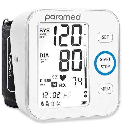 Paramed Blood Pressure Monitor - Bp Machine - Automatic Upper Arm Blood Pressure Cuff 8.7-16.5 inches - Large LCD Display 120 Sets Memory - Device Bag & Batteries Included