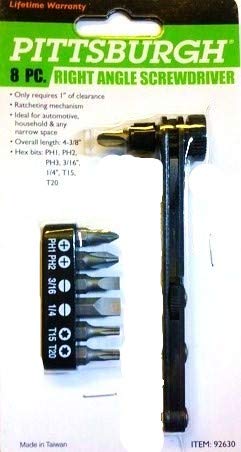 Pittsburgh - 8-Pc Set ~ 1/4 Inch 90 Degree Ratchet - Hex Screwdriver Bit Set (Ratchets Forward And Reverse - 7 Hex Bits: Phillips #1, #2, #3 - Slotted 3/16 In, 1/4 In And Torx T15, T20, In A Holder) #TOP21