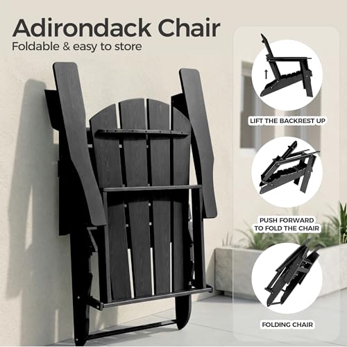 Image of Folding Adirondack Chair Set of 2, Lightweight-Portable HDPE Patio Chair, All-Weather Space-Saving Foldable Fire Pit Seating for Camping, Backyard, Deck-Black